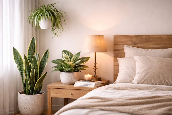 Quarto aconchegante com Espada-de-São-Jorge no chão, Aglaonema sobre mesa lateral e Clorophytum suspenso