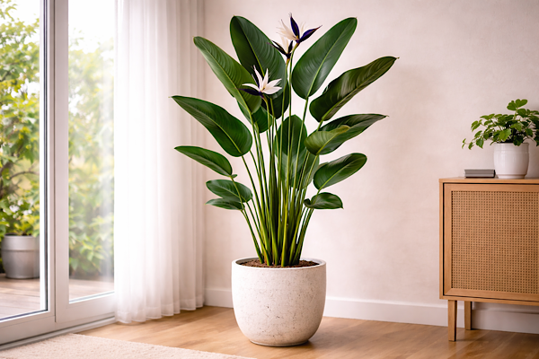 Strelitzia nicolai de grande porte em vaso claro posicionada próxima a janela com luz natural