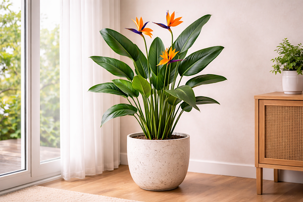 Strelitzia reginae florescendo em vaso decorativo próximo a janela iluminada