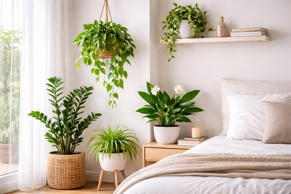 Plantas para quarto pequeno organizadas em espaço compacto com jiboia pendente, lírio-da-paz e clorofito próximos à cama