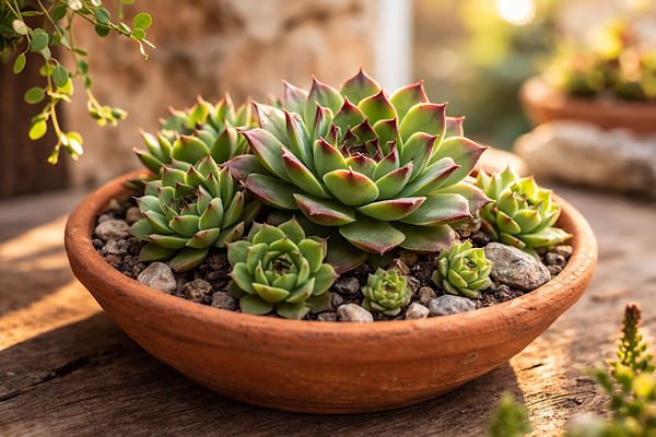 Sempervivum tectorum cultivado em vaso raso com rosetas compactas