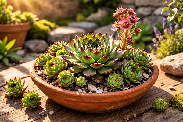 Colônia de Sempervivum tectorum com rosetas e mudas laterais