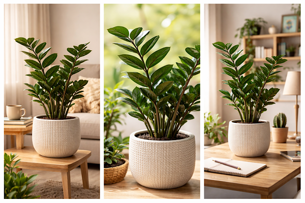 Zamioculcas zamiifolia em vaso claro em sala com luz indireta