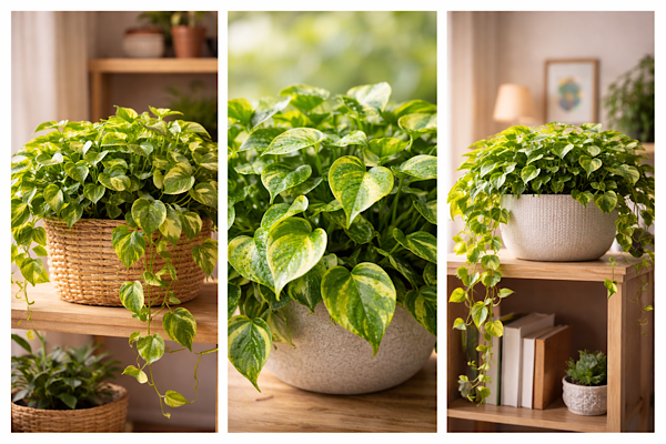 Epipremnum aureum pendente em prateleira interna