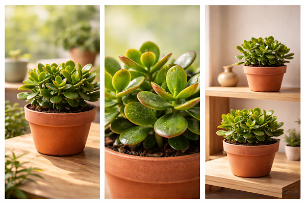 Crassula ovata em vaso de barro sob luz natural