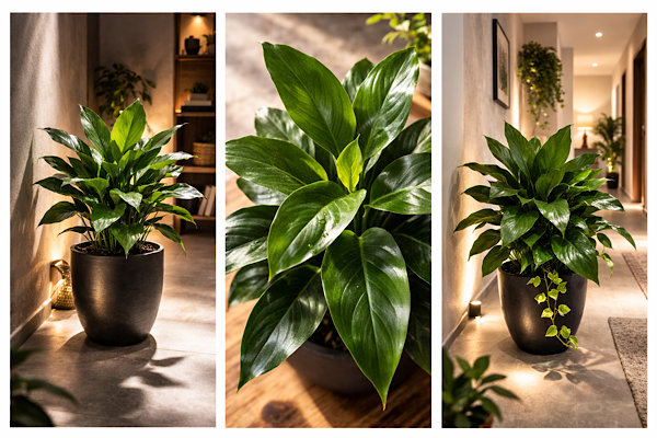 Aspidistra elatior em vaso escuro em corredor interno