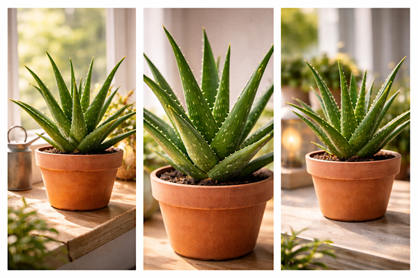 Aloe vera em vaso de barro próximo à janela ensolarada