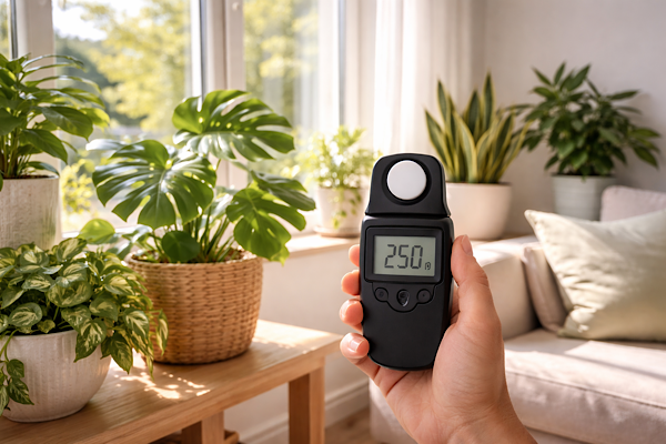 Medidor de luz natural em sala com plantas próximas à janela iluminada