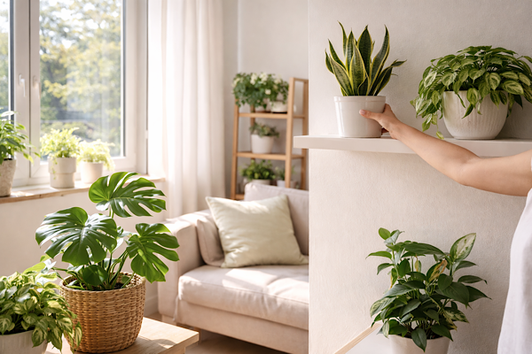 Plantas posicionadas próximas à janela em sala iluminada com luz natura