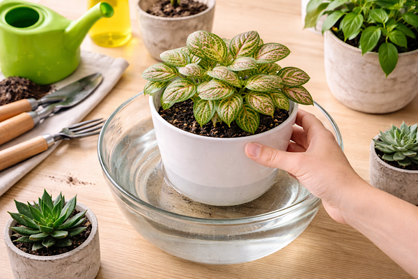 Planta sendo retirada da bacia após rega de imersão em ambiente interno iluminado