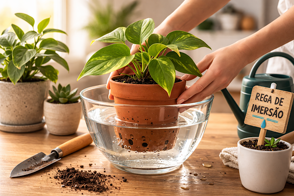Rega de imersão em planta de interior com vaso de terracota submerso parcialmente em água