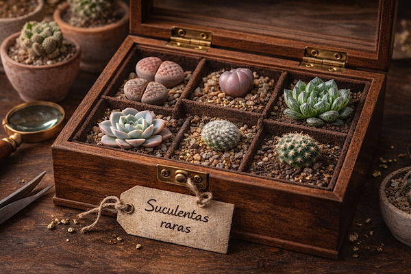 Suculentas e cactos raros organizados em caixa de coleção para colecionadores