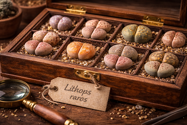 Lithops raros organizados em vaso com padrões variados de cores e texturas