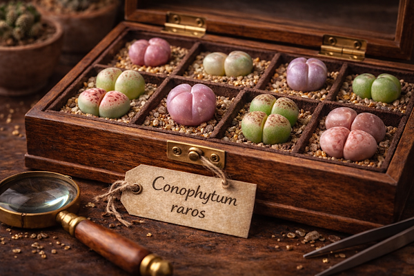 Coleção de Conophytum spp. raros organizados em caixa expositora para colecionadores