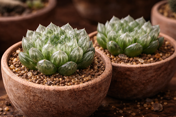 Haworthia cooperi rara em vaso de terracota com folhas translúcidas detalhadas