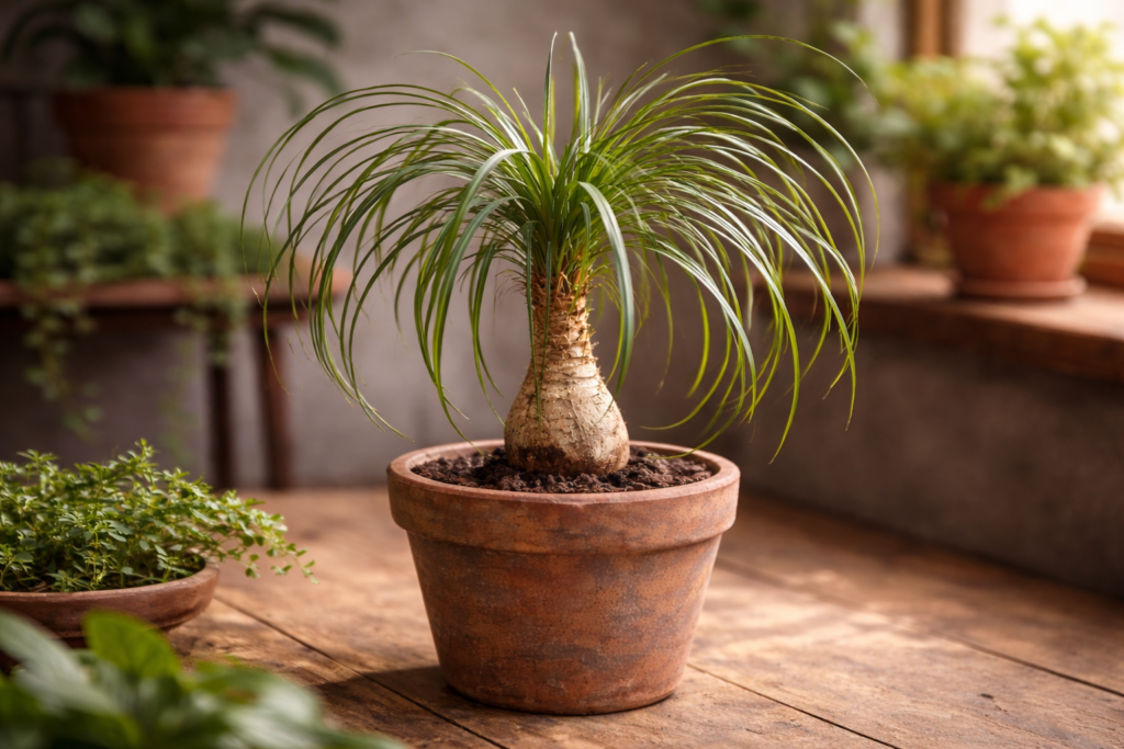 beaucarnea recurvata planta conhecida como pata-de-elefante cultivada em vaso ornamental