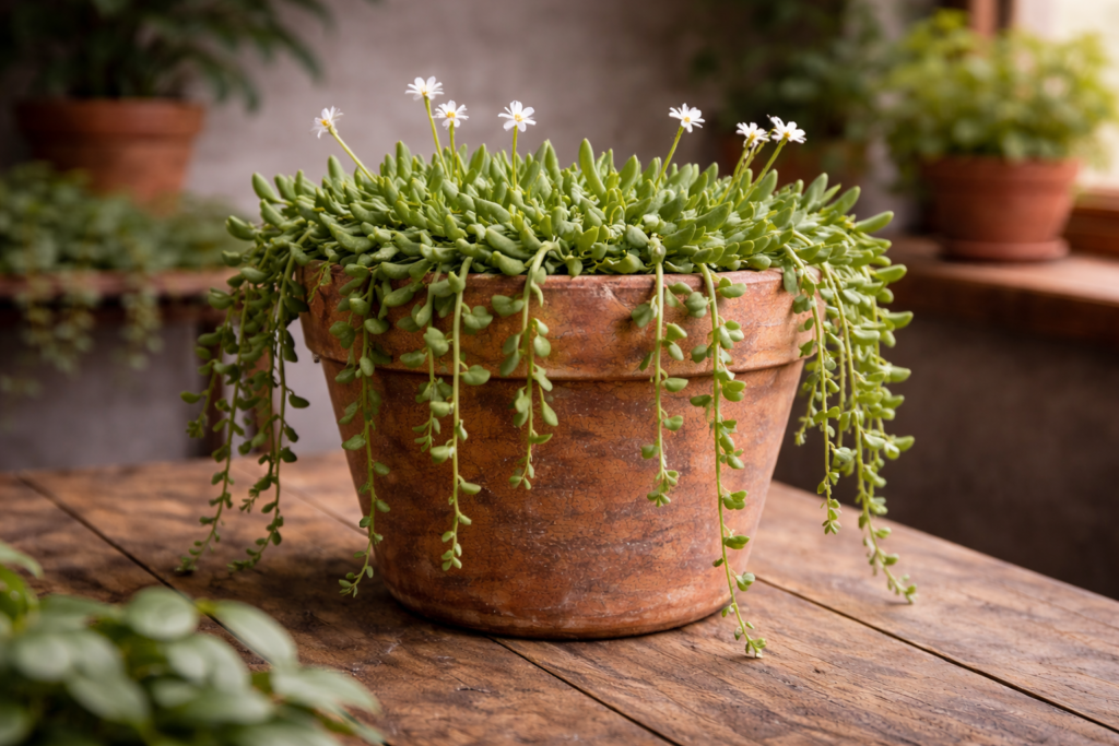 senecio radicans suculenta pendente conhecida como colar-de-bananas em vaso