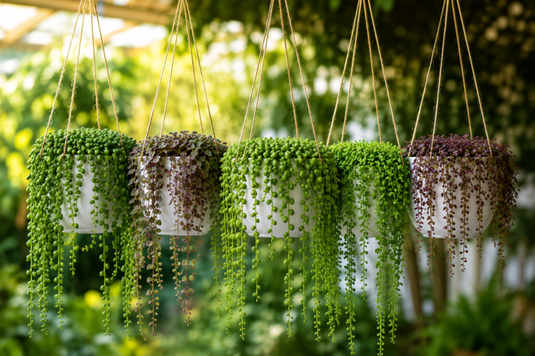 Plantas pendentes tipo colar cultivadas em vasos suspensos, formando cascatas verdes ornamentais em ambiente iluminado.