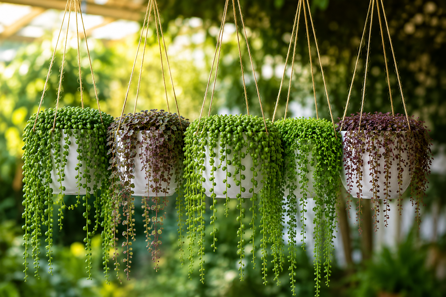 Plantas pendentes tipo colar cultivadas em vasos suspensos, formando cascatas verdes ornamentais em ambiente iluminado.