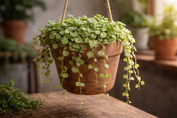 dischidia nummularia planta pendente com folhas arredondadas em vaso suspenso