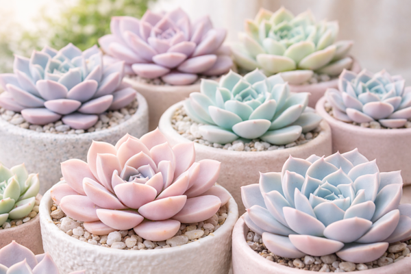 echeverias em tons pastel com aparência de flores de porcelana em vasos pequenos
