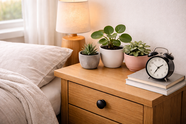 plantas pequenas em criado-mudo ao lado da cama em quarto com luz natural suave