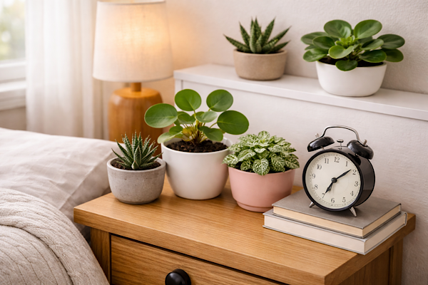 plantas pequenas em criado-mudo ao lado da cama decorando quarto com equilíbrio