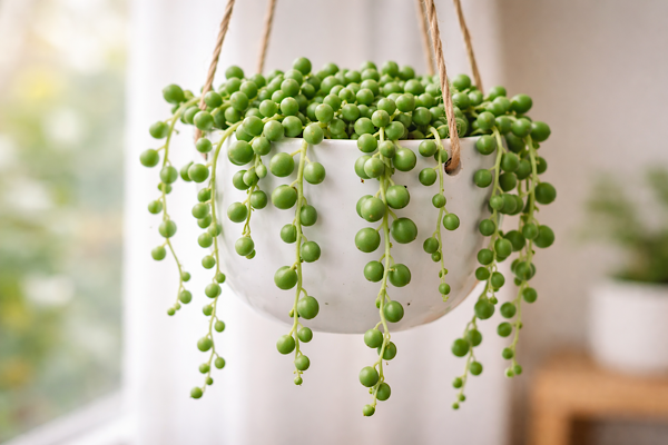 colar de pérolas senecio rowleyanus planta pendente com folhas em formato de bolinhas verdes