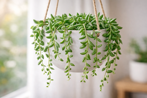 colar de bananinhas curio radicans planta pendente com folhas alongadas verdes