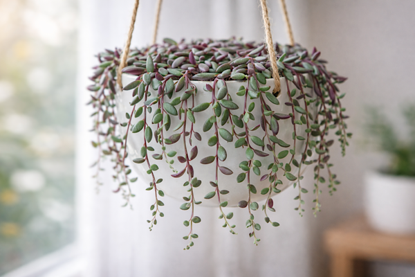 colar de rubis othonna capensis planta pendente com folhas verdes e caules arroxeados