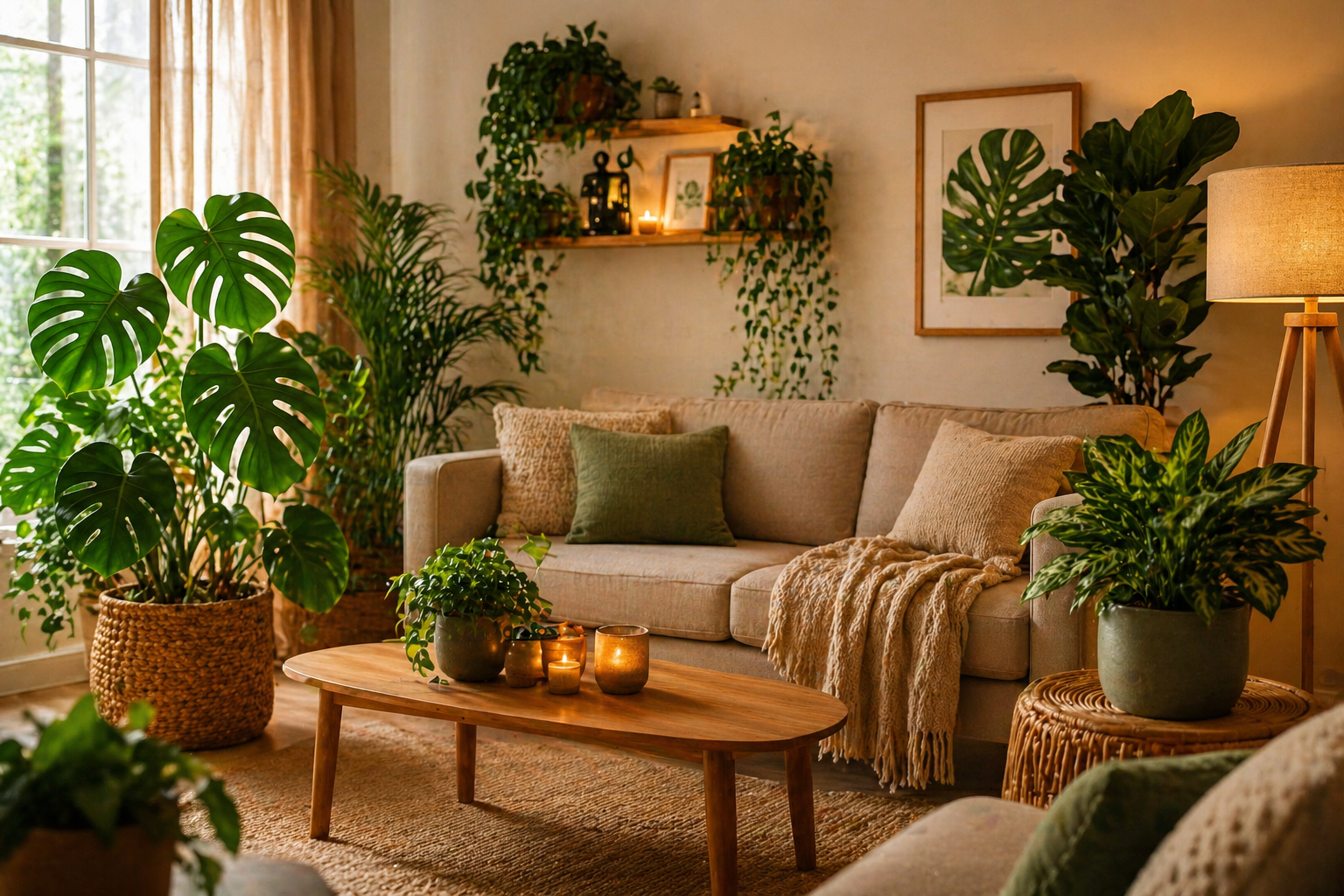 plantas para dentro de casa criando sensação de aconchego em ambiente interno com luz natural suave e decoração acolhedora