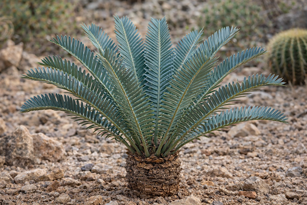 dioon edule planta com folhas rígidas azuladas em jardim seco com aparência pré-histórica
