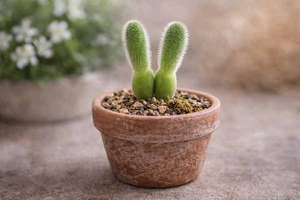 monilaria obconica em vaso de barro com folhas em formato de orelhas de coelho