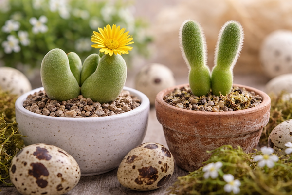 suculentas conophytum bilobum e monilaria obconica em vasos com ovos decorativos estilo páscoa