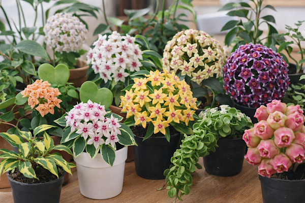 variedade de hoyas com flores coloridas cultivadas em vasos em ambiente interno iluminado