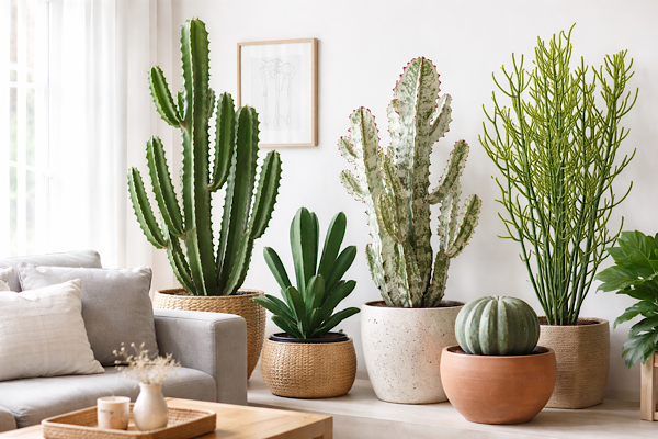 Euphorbia e cactos decorando sala moderna com plantas em vasos para ambiente interno