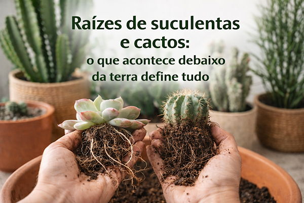 raízes de suculentas e cactos expostas nas mãos mostrando sistema radicular saudável