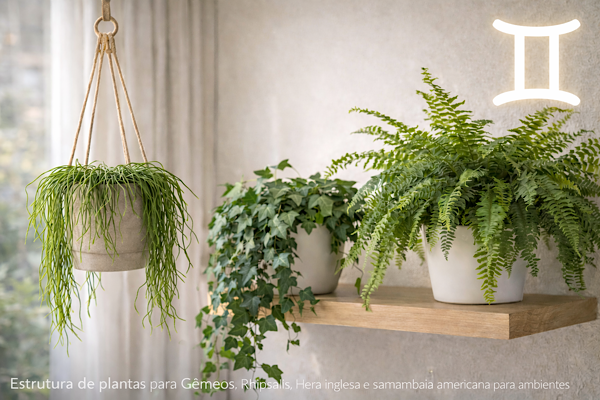 Plantas para Gêmeos em ambiente interno com rhipsalis, hera e samambaia e símbolo do signo