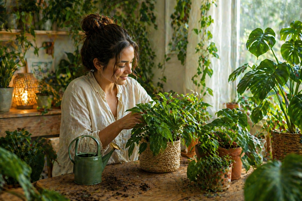 mulher cuidando de plantas em ambiente interno com luz natural promovendo bem-estar e redução da ansiedade