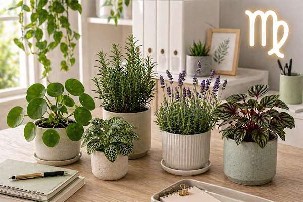 Plantas para Virgem com pilea, lavanda, alecrim e fitônia em ambiente organizado com símbolo do signo