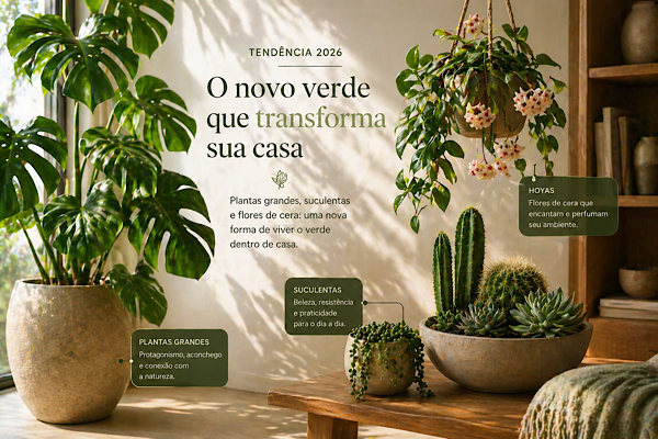 ambiente interno com plantas grandes suculentas e hoya flores de cera representando tendência de plantas para interiores em 2026