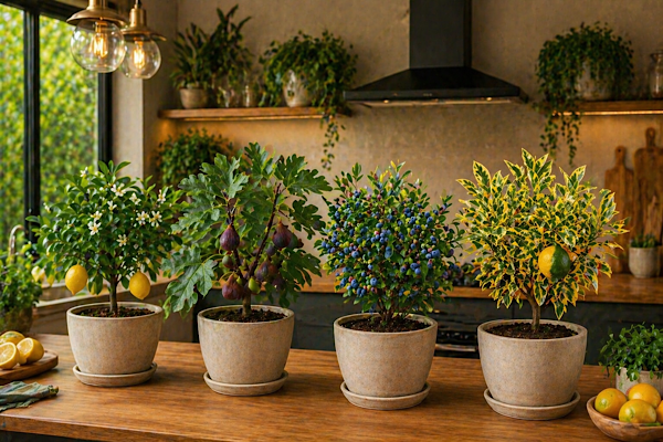 frutas em vasos dentro de casa em cozinha gourmet com limão figo mirtilo e ponkan variegata