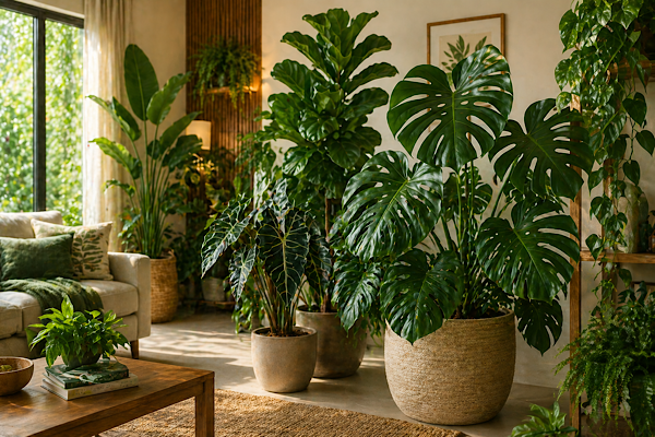 plantas grandes em sala iluminada criando ambiente interno com tendência de refúgio verde