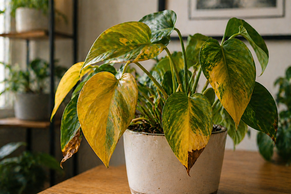 folhas amarelando em planta dentro de casa com sinais de excesso de água e baixa luminosidade