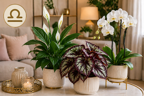 plantas para libra em ambiente equilibrado com lírio da paz, begônia e orquídea com símbolo do signo
