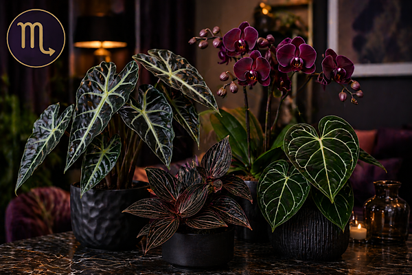 plantas para escorpião com alocasia, orquídeas e anthurium em ambiente interno sofisticado com símbolo do signo