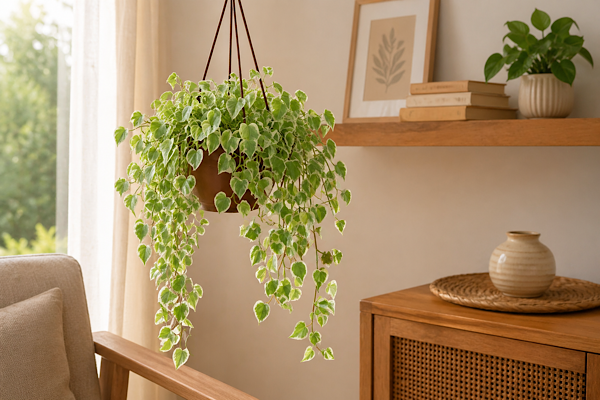 peperomia scandens variegata em plantas para dentro de casa em vaso pendente com folhas em formato de coração e bordas claras