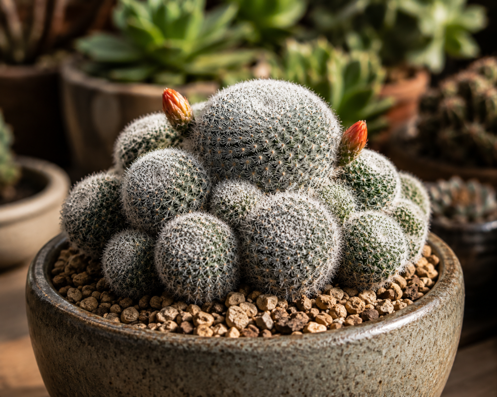 rebutia heliosa saudável em formato compacto com espinhos prateados e botões florais alaranjados