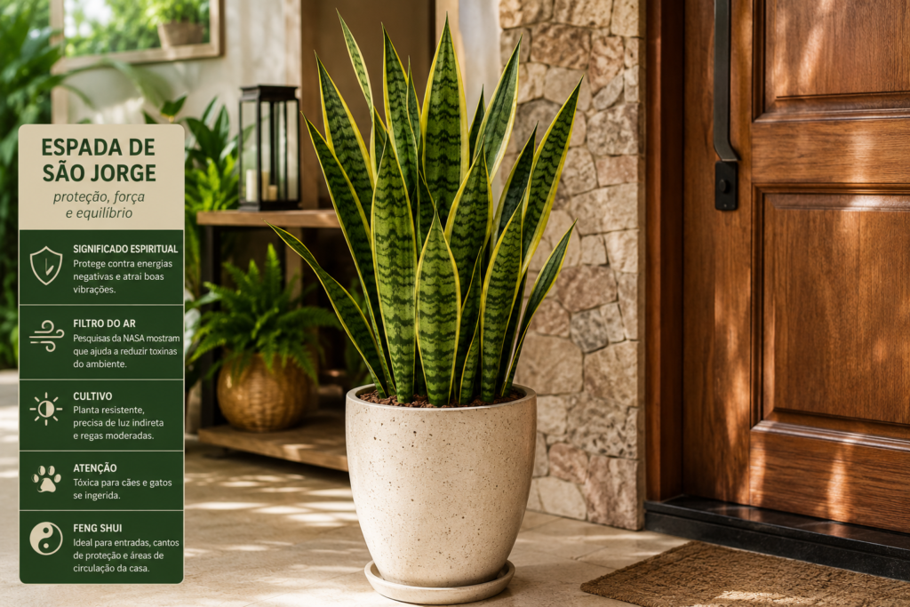 espada de São Jorge em vaso decorativo próximo à entrada da casa com luz natural e ambiente interno elegante