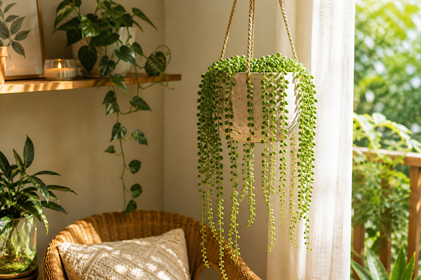 colar de pérolas em plantas para dentro de casa em vaso pendente em canto iluminado com luz natural suave